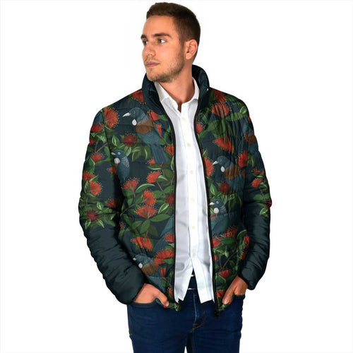 New Zealand Christmas Padded Jacket Romantic Tui Birds on Pohutukawa - Cobalt - Aussie Hoodie