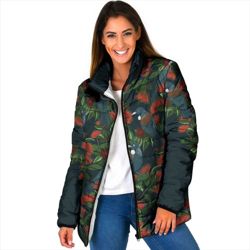 New Zealand Christmas Padded Jacket Romantic Tui Birds on Pohutukawa - Cobalt - Aussie Hoodie