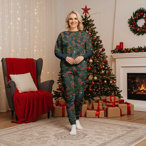 New Zealand Christmas Pajama Set Romantic Tui Birds on Pohutukawa - Cobalt - Aussie Hoodie