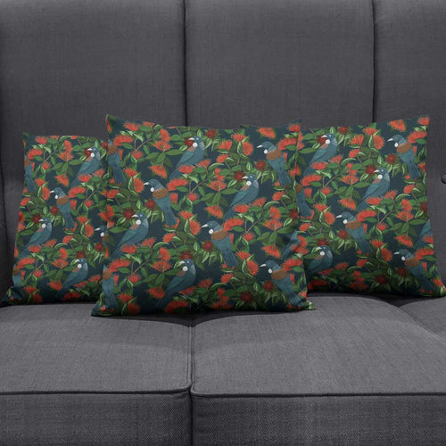 New Zealand Christmas Pillow Cover Romantic Tui Birds on Pohutukawa - Cobalt - Aussie Hoodie