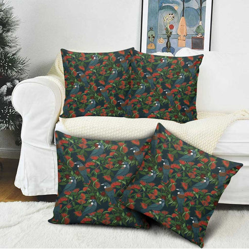New Zealand Christmas Pillow Cover Romantic Tui Birds on Pohutukawa - Cobalt - Aussie Hoodie