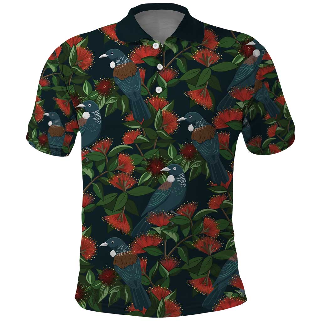 New Zealand Christmas Polo Shirt Romantic Tui Birds on Pohutukawa - Cobalt - Aussie Hoodie