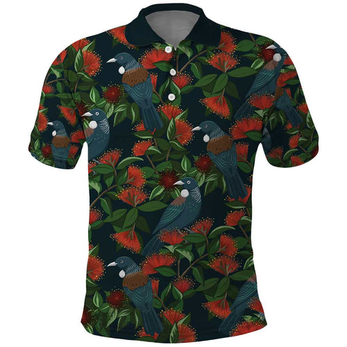 New Zealand Christmas Polo Shirt Romantic Tui Birds on Pohutukawa - Cobalt - Aussie Hoodie