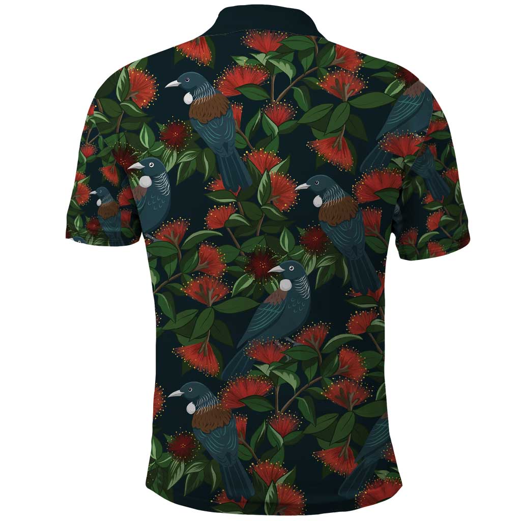 New Zealand Christmas Polo Shirt Romantic Tui Birds on Pohutukawa - Cobalt - Aussie Hoodie