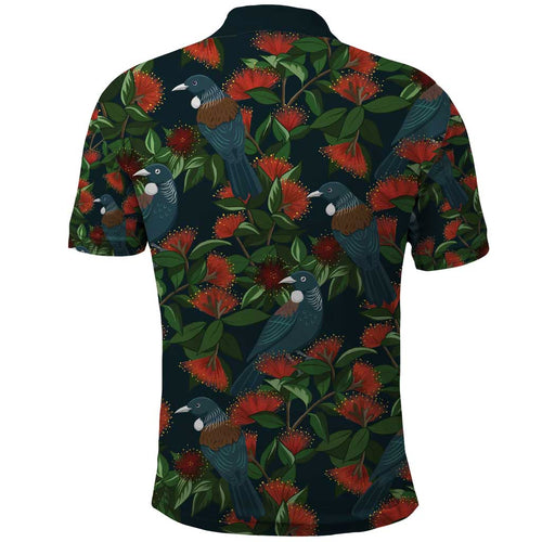New Zealand Christmas Polo Shirt Romantic Tui Birds on Pohutukawa - Cobalt - Aussie Hoodie