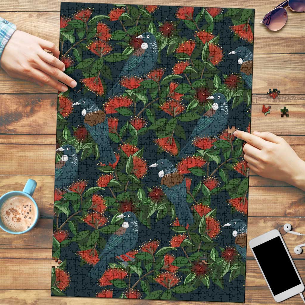 New Zealand Christmas Puzzle Romantic Tui Birds on Pohutukawa - Cobalt - Aussie Hoodie