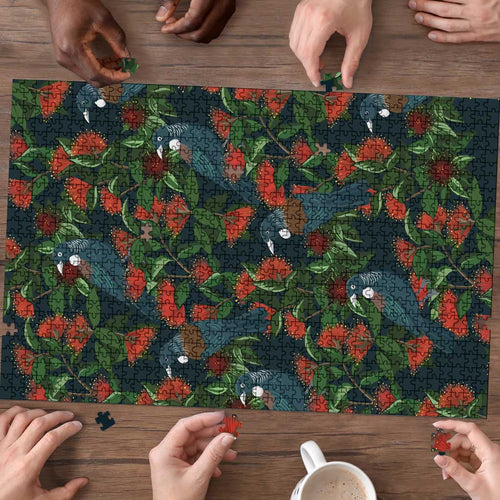 New Zealand Christmas Puzzle Romantic Tui Birds on Pohutukawa - Cobalt - Aussie Hoodie