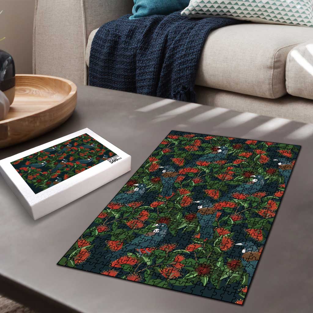 New Zealand Christmas Puzzle Romantic Tui Birds on Pohutukawa - Cobalt - Aussie Hoodie
