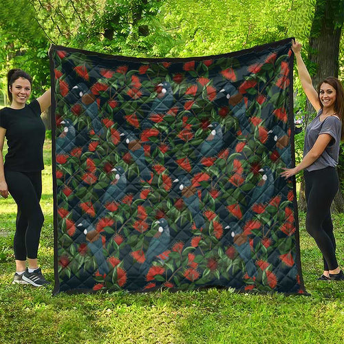 New Zealand Christmas Quilt Romantic Tui Birds on Pohutukawa - Cobalt - Aussie Hoodie