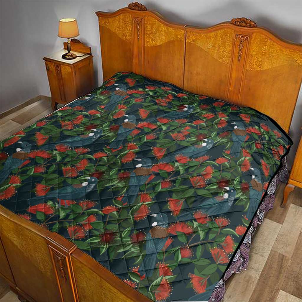 New Zealand Christmas Quilt Romantic Tui Birds on Pohutukawa - Cobalt - Aussie Hoodie