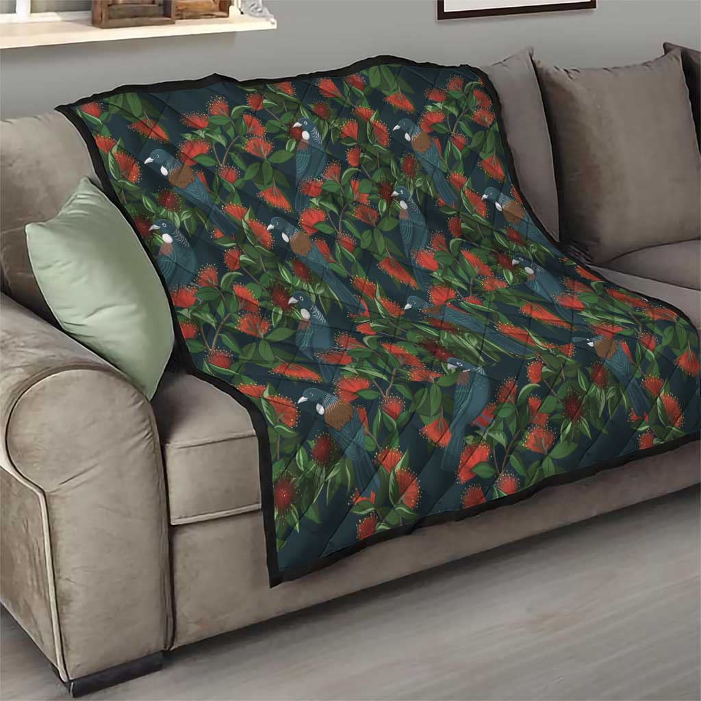 New Zealand Christmas Quilt Romantic Tui Birds on Pohutukawa - Cobalt - Aussie Hoodie