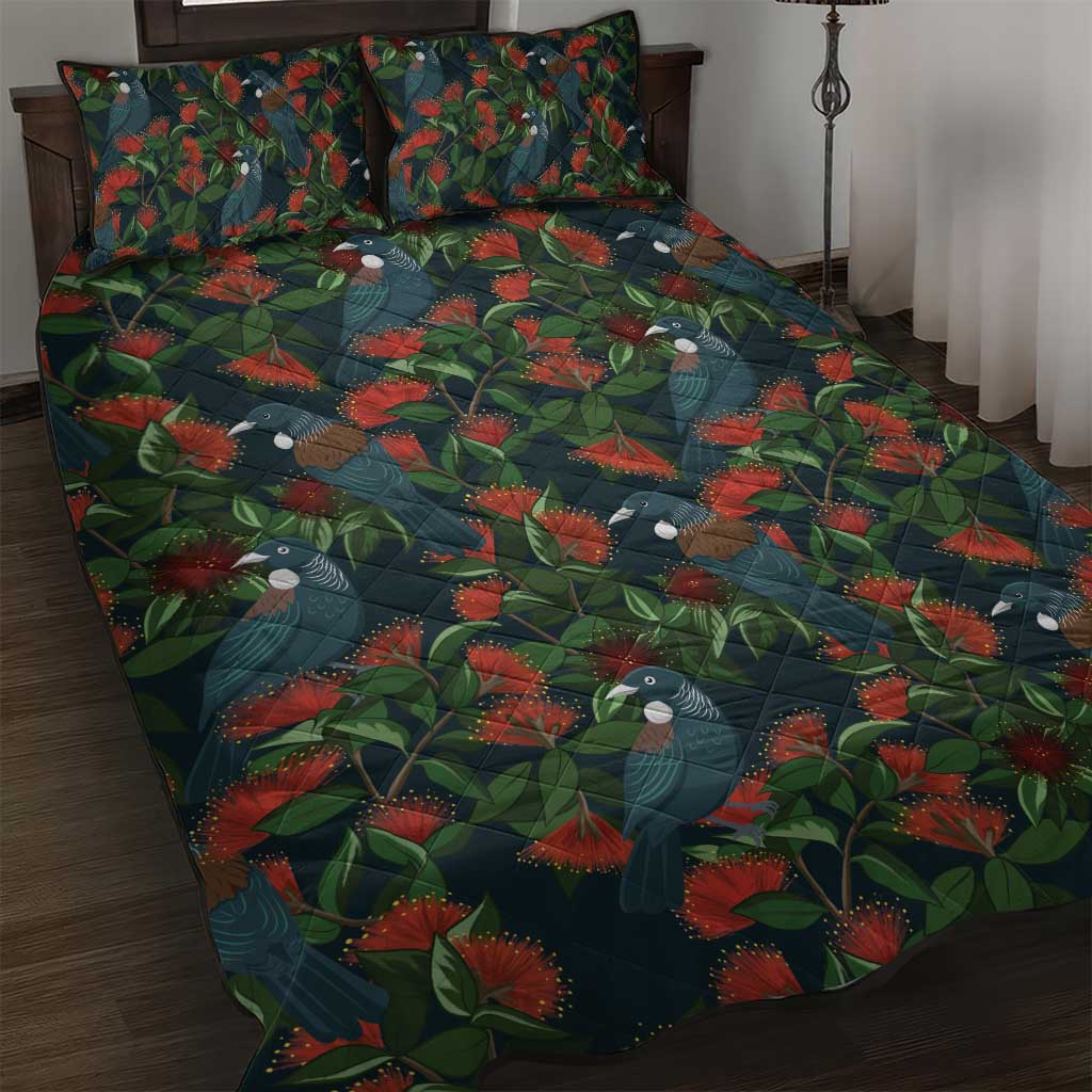 New Zealand Christmas Quilt Bed Set Romantic Tui Birds on Pohutukawa - Cobalt - Aussie Hoodie