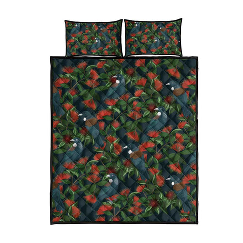New Zealand Christmas Quilt Bed Set Romantic Tui Birds on Pohutukawa - Cobalt - Aussie Hoodie