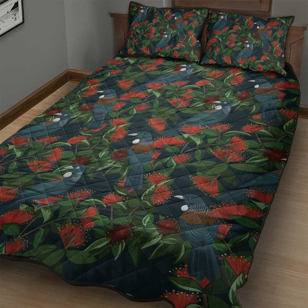 New Zealand Christmas Quilt Bed Set Romantic Tui Birds on Pohutukawa - Cobalt - Aussie Hoodie