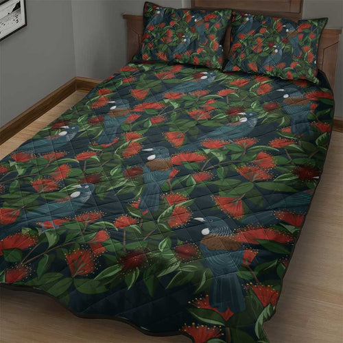 New Zealand Christmas Quilt Bed Set Romantic Tui Birds on Pohutukawa - Cobalt - Aussie Hoodie