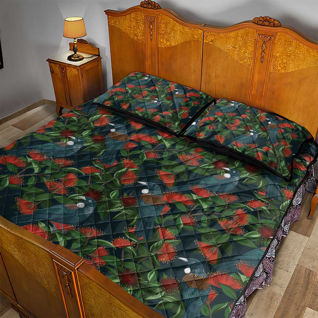 New Zealand Christmas Quilt Bed Set Romantic Tui Birds on Pohutukawa - Cobalt - Aussie Hoodie