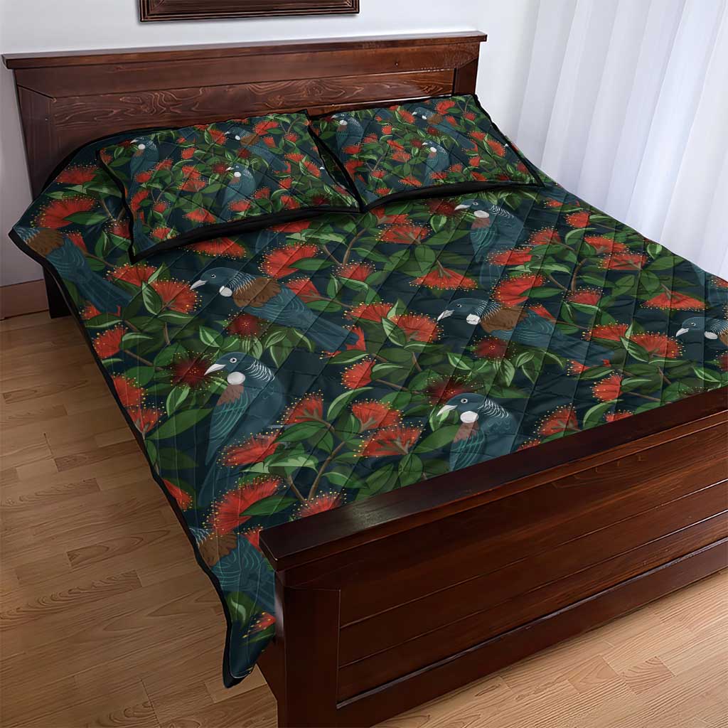 New Zealand Christmas Quilt Bed Set Romantic Tui Birds on Pohutukawa - Cobalt - Aussie Hoodie