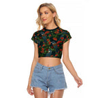 New Zealand Christmas Raglan Cropped T Shirt Romantic Tui Birds on Pohutukawa - Cobalt - Aussie Hoodie