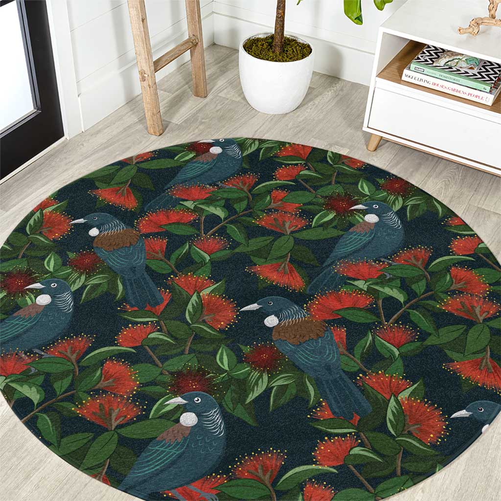 New Zealand Christmas Round Carpet Romantic Tui Birds on Pohutukawa - Cobalt - Aussie Hoodie