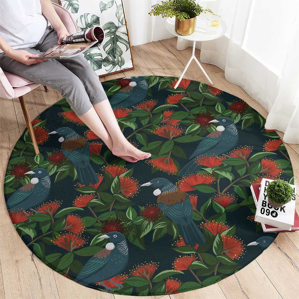 New Zealand Christmas Round Carpet Romantic Tui Birds on Pohutukawa - Cobalt - Aussie Hoodie