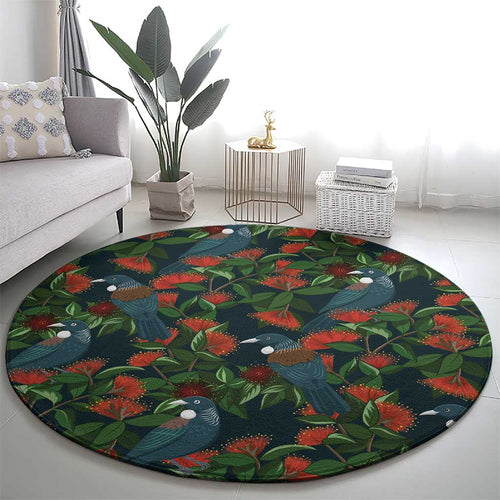 New Zealand Christmas Round Carpet Romantic Tui Birds on Pohutukawa - Cobalt - Aussie Hoodie