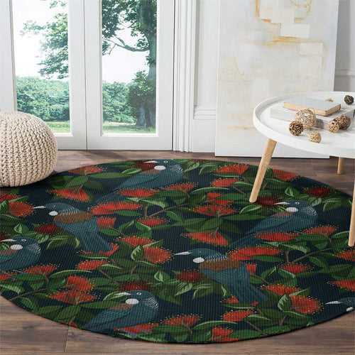 New Zealand Christmas Round Carpet Romantic Tui Birds on Pohutukawa - Cobalt - Aussie Hoodie