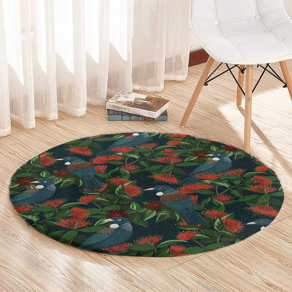 New Zealand Christmas Round Carpet Romantic Tui Birds on Pohutukawa - Cobalt - Aussie Hoodie
