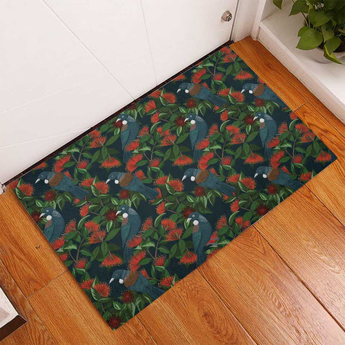 New Zealand Christmas Rubber Doormat Romantic Tui Birds on Pohutukawa - Cobalt - Aussie Hoodie