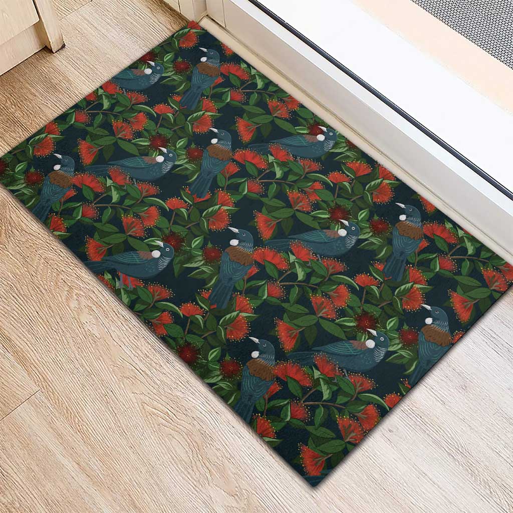 New Zealand Christmas Rubber Doormat Romantic Tui Birds on Pohutukawa - Cobalt - Aussie Hoodie