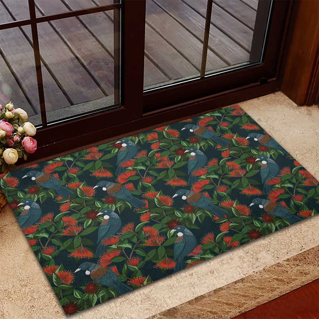 New Zealand Christmas Rubber Doormat Romantic Tui Birds on Pohutukawa - Cobalt - Aussie Hoodie