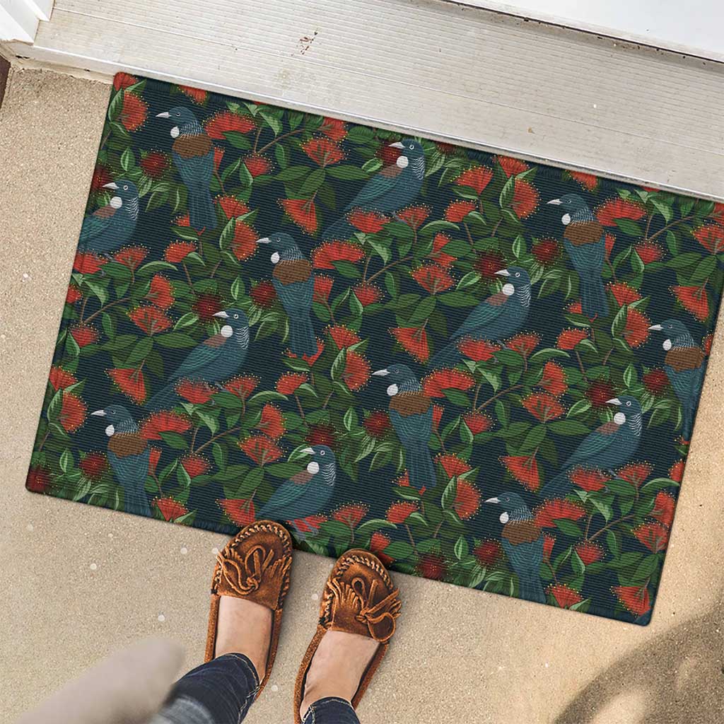 New Zealand Christmas Rubber Doormat Romantic Tui Birds on Pohutukawa - Cobalt - Aussie Hoodie