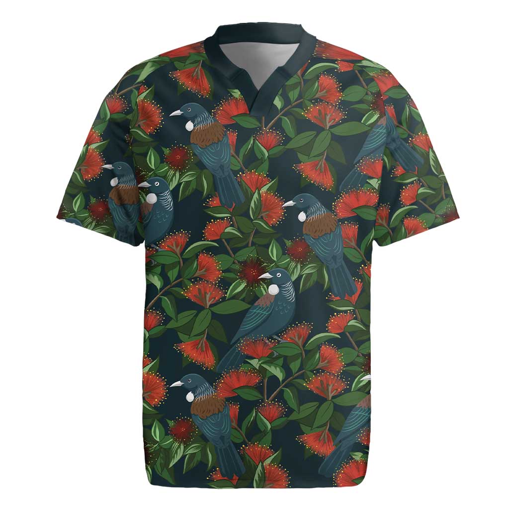 New Zealand Christmas Rugby Jersey Romantic Tui Birds on Pohutukawa - Cobalt - Aussie Hoodie