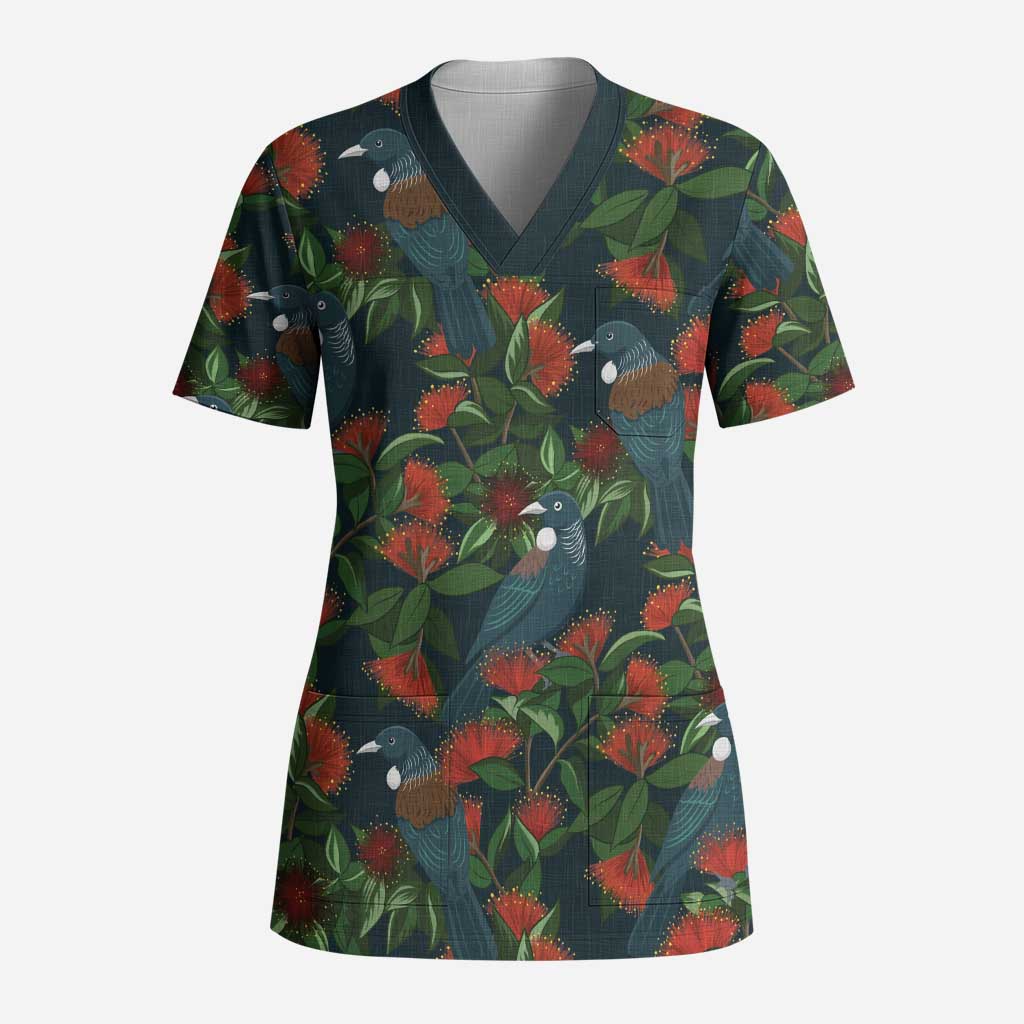 New Zealand Christmas Scrub Top Romantic Tui Birds on Pohutukawa - Cobalt - Aussie Hoodie