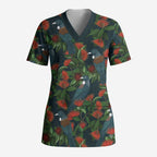 New Zealand Christmas Scrub Top Romantic Tui Birds on Pohutukawa - Cobalt - Aussie Hoodie