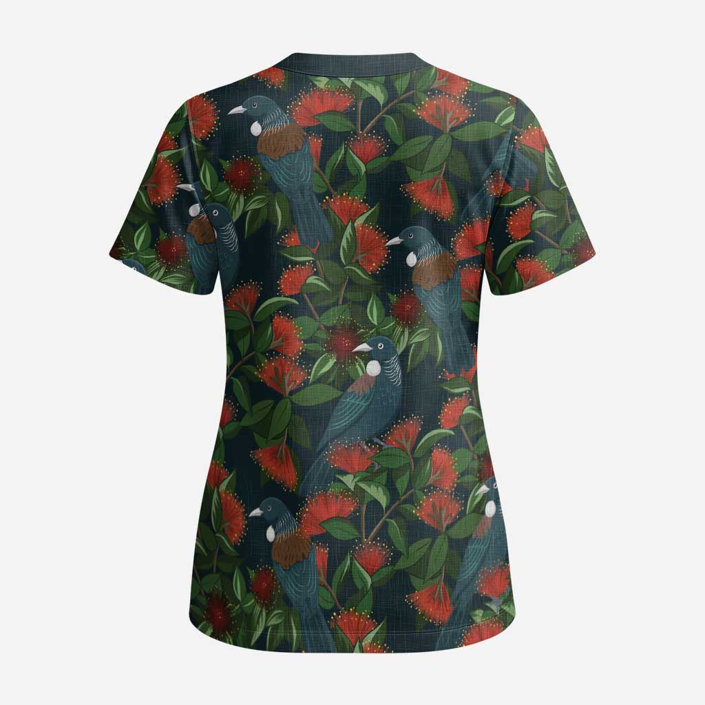 New Zealand Christmas Scrub Top Romantic Tui Birds on Pohutukawa - Cobalt - Aussie Hoodie
