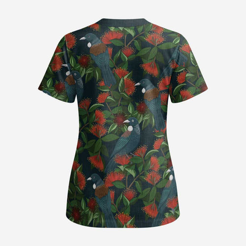 New Zealand Christmas Scrub Top Romantic Tui Birds on Pohutukawa - Cobalt - Aussie Hoodie