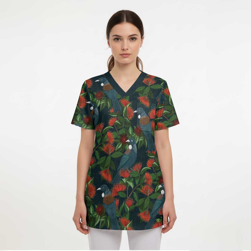 New Zealand Christmas Scrub Top Romantic Tui Birds on Pohutukawa - Cobalt - Aussie Hoodie