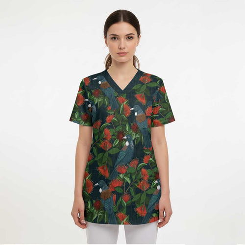 New Zealand Christmas Scrub Top Romantic Tui Birds on Pohutukawa - Cobalt - Aussie Hoodie