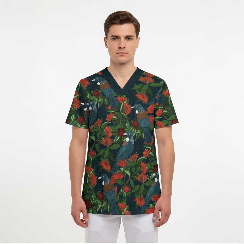 New Zealand Christmas Scrub Top Romantic Tui Birds on Pohutukawa - Cobalt - Aussie Hoodie