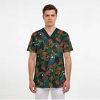New Zealand Christmas Scrub Top Romantic Tui Birds on Pohutukawa - Cobalt - Aussie Hoodie