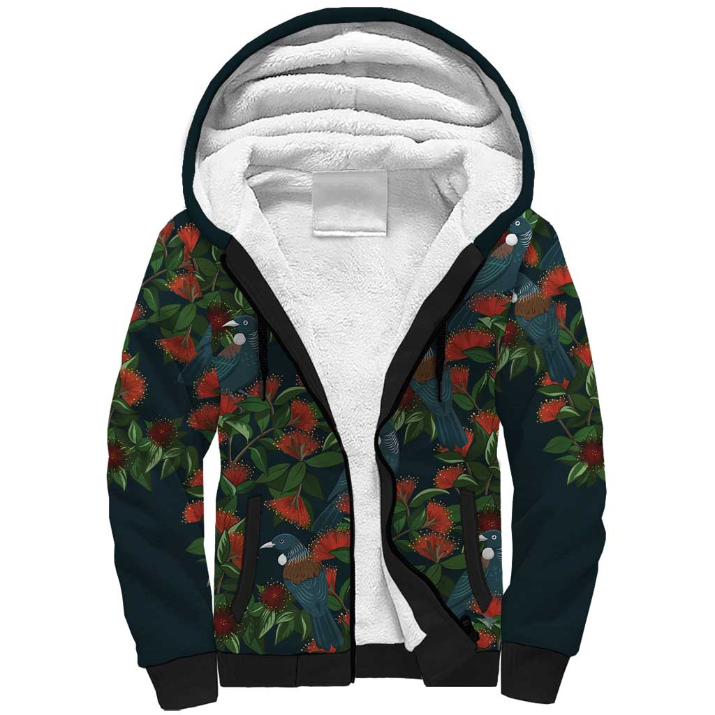 New Zealand Christmas Sherpa Hoodie Romantic Tui Birds on Pohutukawa - Cobalt - Aussie Hoodie
