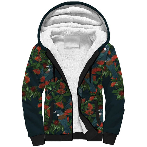 New Zealand Christmas Sherpa Hoodie Romantic Tui Birds on Pohutukawa - Cobalt - Aussie Hoodie