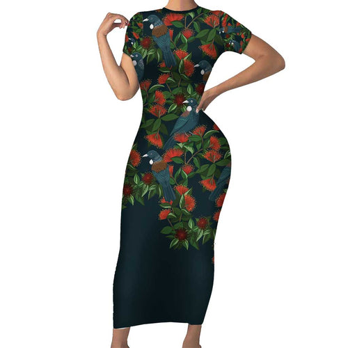 New Zealand Christmas Short Sleeve Bodycon Dress Romantic Tui Birds on Pohutukawa - Cobalt - Aussie Hoodie