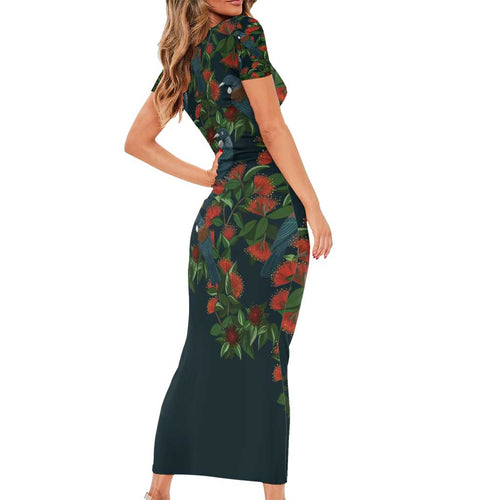 New Zealand Christmas Short Sleeve Bodycon Dress Romantic Tui Birds on Pohutukawa - Cobalt - Aussie Hoodie
