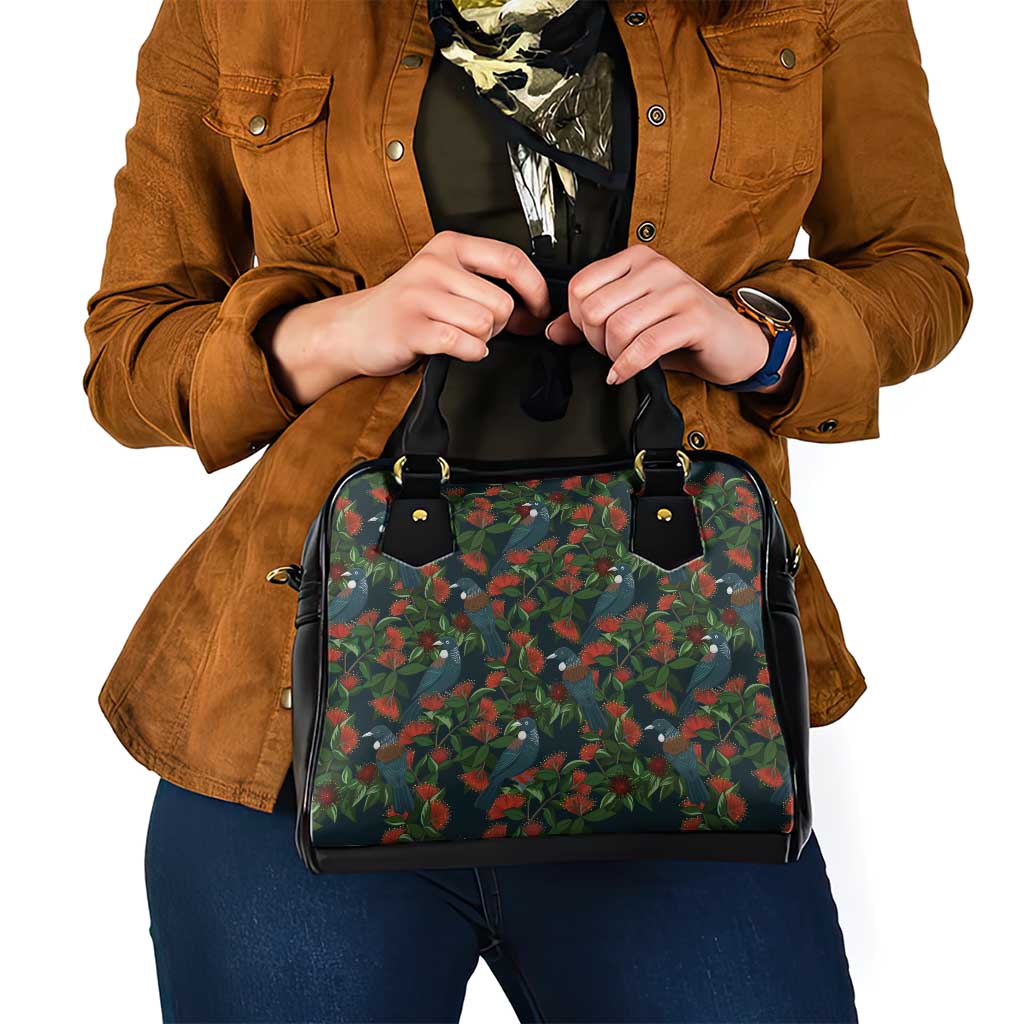 New Zealand Christmas Shoulder Handbag Romantic Tui Birds on Pohutukawa - Cobalt - Aussie Hoodie