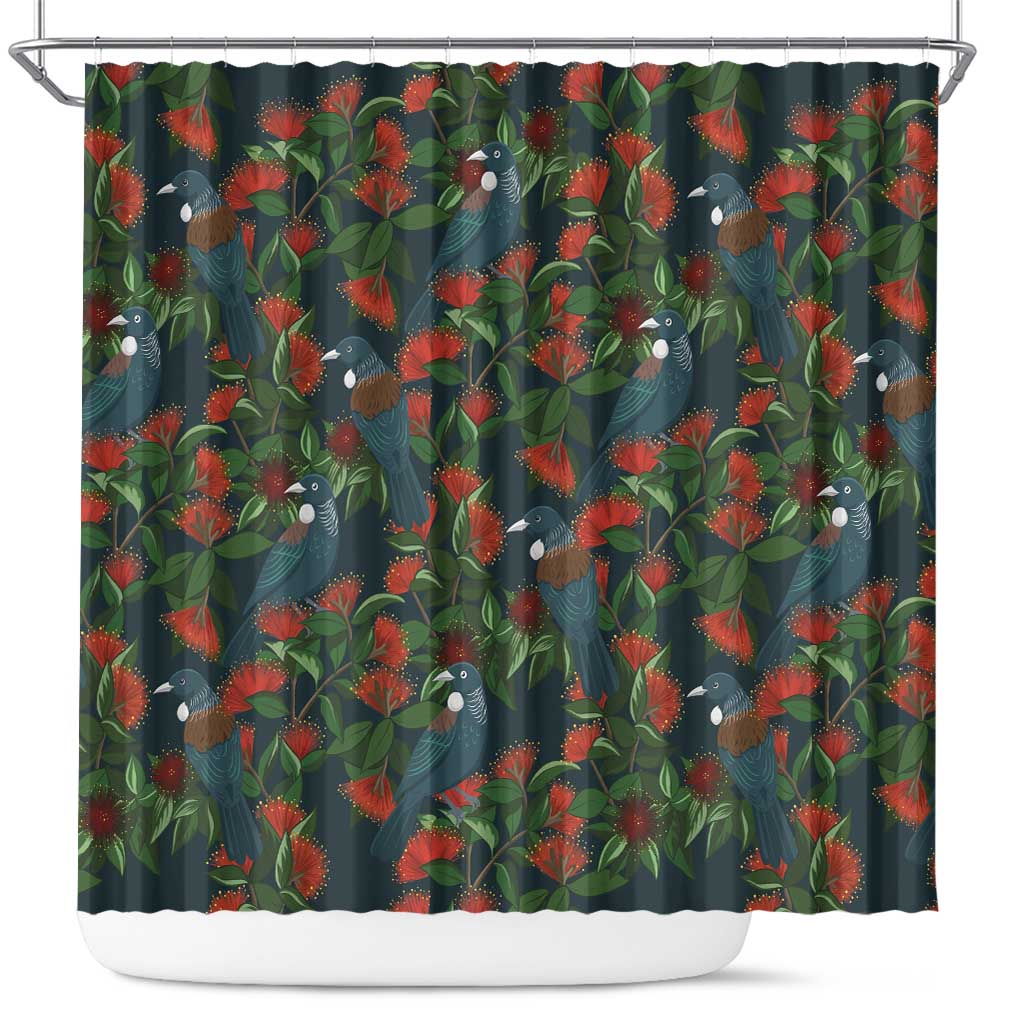 New Zealand Christmas Shower Curtain Romantic Tui Birds on Pohutukawa - Cobalt - Aussie Hoodie