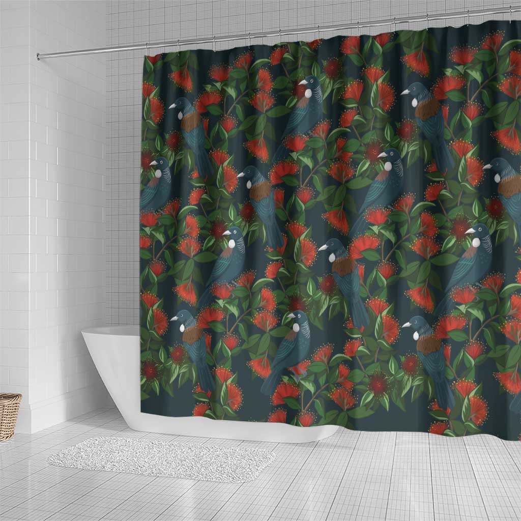 New Zealand Christmas Shower Curtain Romantic Tui Birds on Pohutukawa - Cobalt - Aussie Hoodie