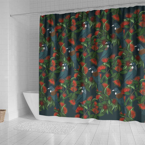 New Zealand Christmas Shower Curtain Romantic Tui Birds on Pohutukawa - Cobalt - Aussie Hoodie