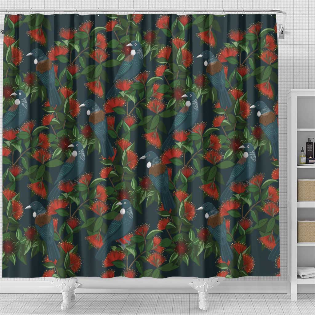 New Zealand Christmas Shower Curtain Romantic Tui Birds on Pohutukawa - Cobalt - Aussie Hoodie