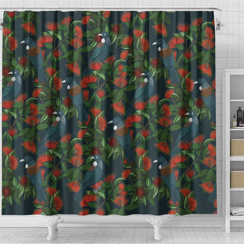 New Zealand Christmas Shower Curtain Romantic Tui Birds on Pohutukawa - Cobalt - Aussie Hoodie
